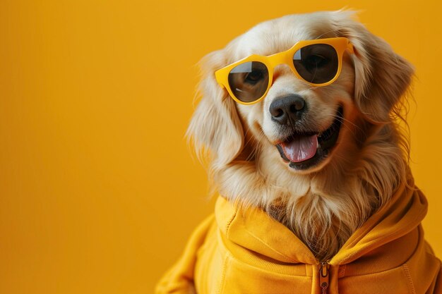 Golden Retriever wearing clothes and sunglasses on Yellow background