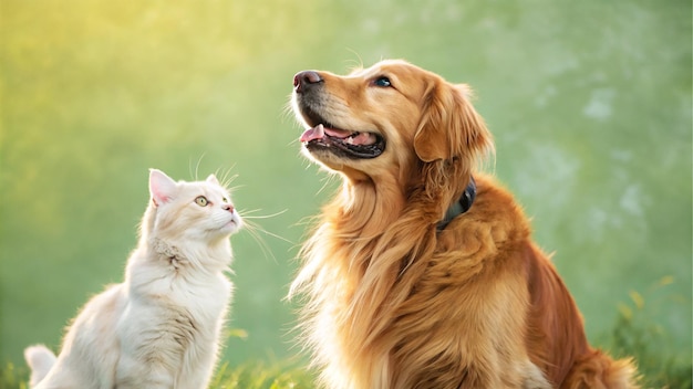 golden retriever and white maine coon cat sitting together in nature