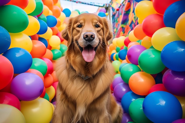 Golden Retriever with Colorful Balloons at a Party