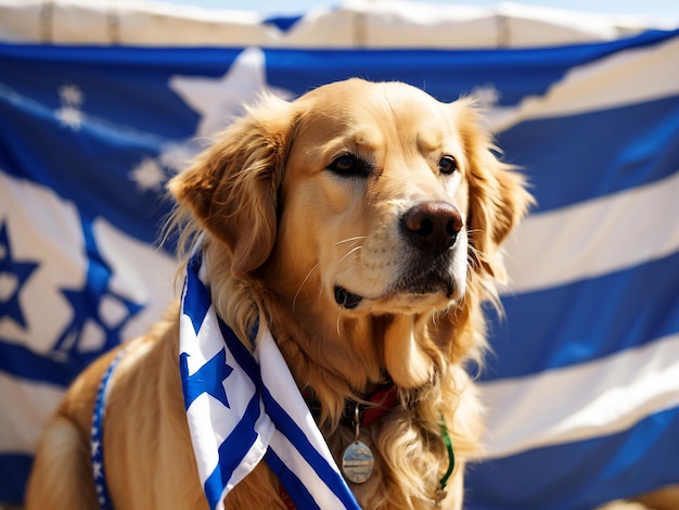 Golden retriever with isreal flag jasper the passover puppy a five year old golden retriever at the annual macy s petacular in herald square