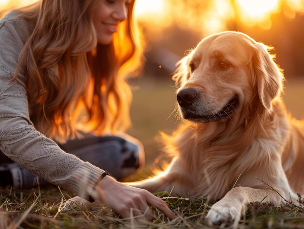 Golden Retriever and woman playing in the field