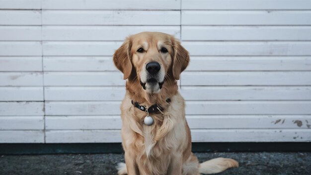 Golden retriever zit voor een witte muur.