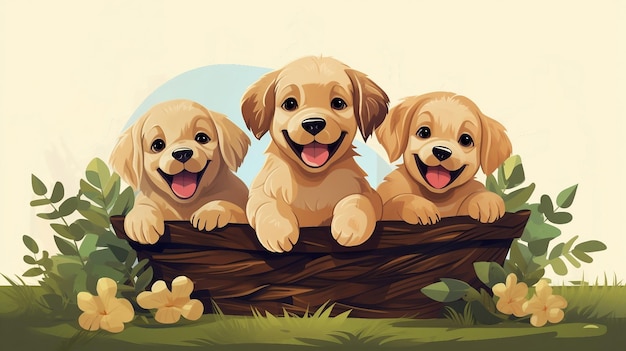 Golden retrieverpuppies in een mand met bloemenillustratie Gegenereerd AI