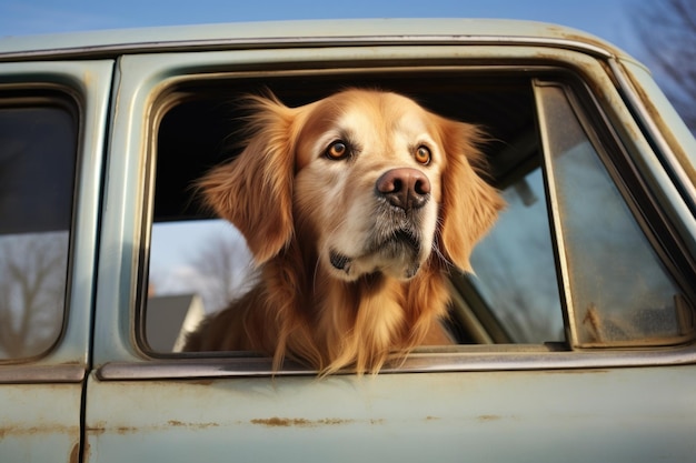A golden retrievers head sticking out of a vintage car window