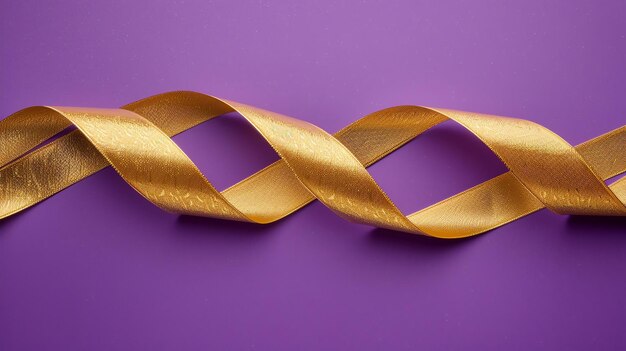 Photo golden ribbon on purple background the ribbon is twisted in a double helix shape