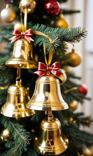 Золотые ленты и колокольчики на рождественской елке на рассвете в помещении под низким углом