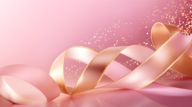 Golden ribbons on pink background on flat background