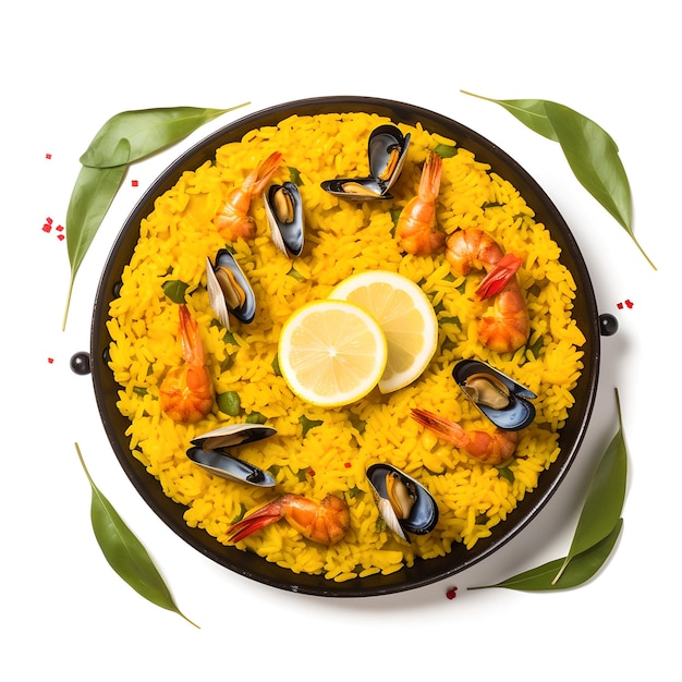 a golden rice dish with white background