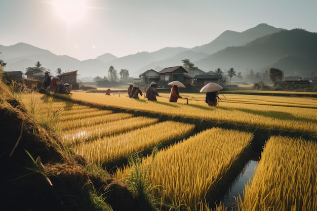 Golden rice fields and farm in bucolic scene generative IA