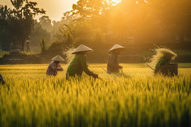 Golden rice fields and farm in bucolic scene generative IA