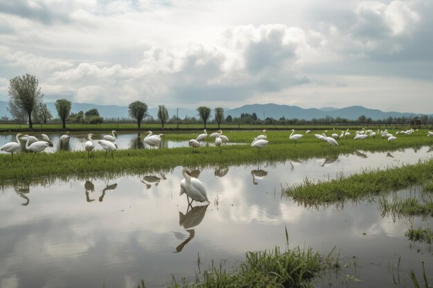 Golden rice paddies herons and workers on the scene generative IA