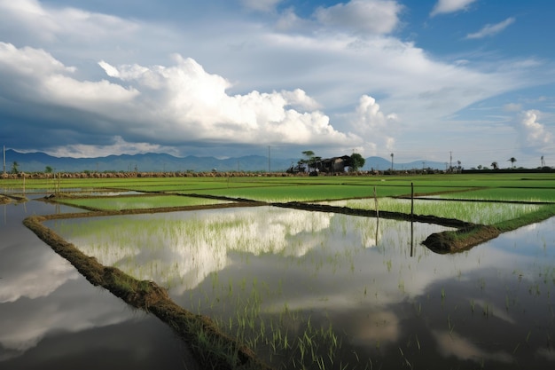 Golden rice paddies herons and workers on the scene generative IA