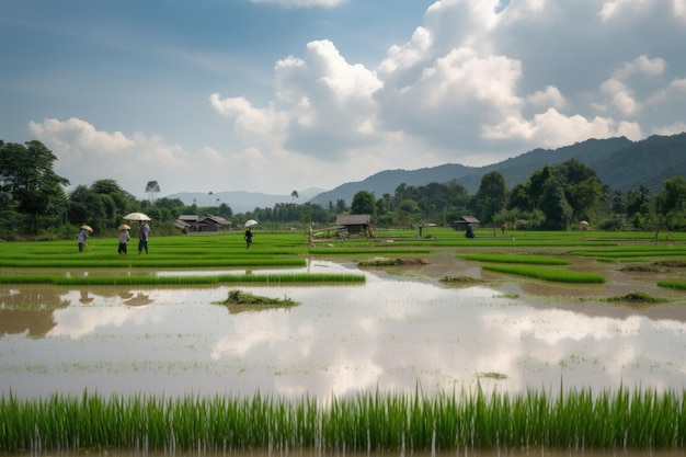 Golden rice paddies herons and workers on the scene generative IA