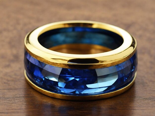 Foto anello dorato con zaffiro blu su uno sfondo di legno in primo piano ai generativa