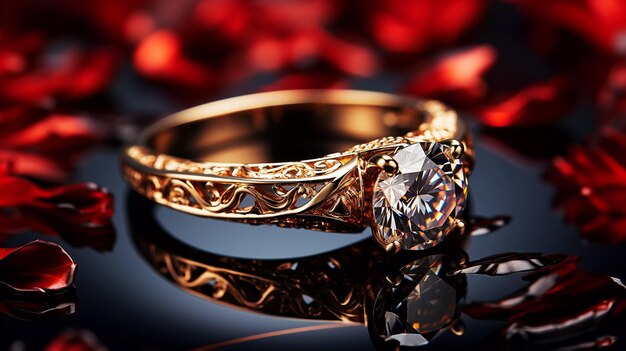 Golden ring with diamonds on a dark surface