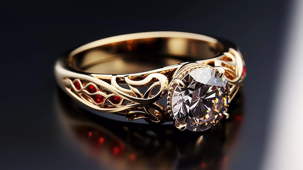 Golden ring with diamonds on a dark surface