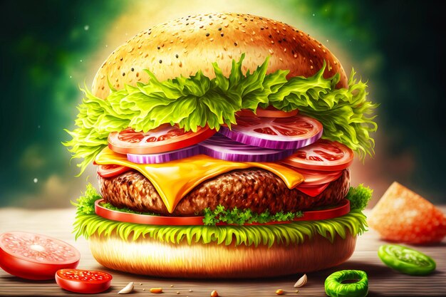 Golden roasted bun in burger with juicy beef filling covered\
with cream cheese and lettuce leaves