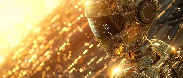 Golden Robot Circuit Boards Futuristic exploring an alien planet holographic interface 3D render Moonlight Lens Flare Dolly zoom effect