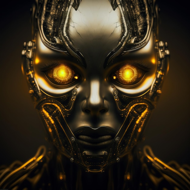 Golden robot humanoid face black and yellow generative AI