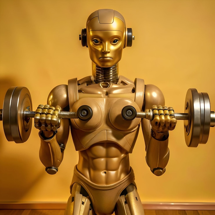 Photo a golden robot pumps iron showcasing a futuristic vision of fitness with a strong determined look