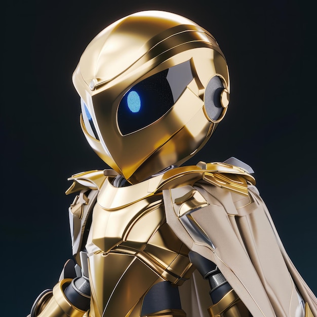 Photo a golden robot with blue eyes and a cape stands proudly