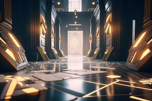 Golden room interior with fantastic abstract elements Neural network AI generated