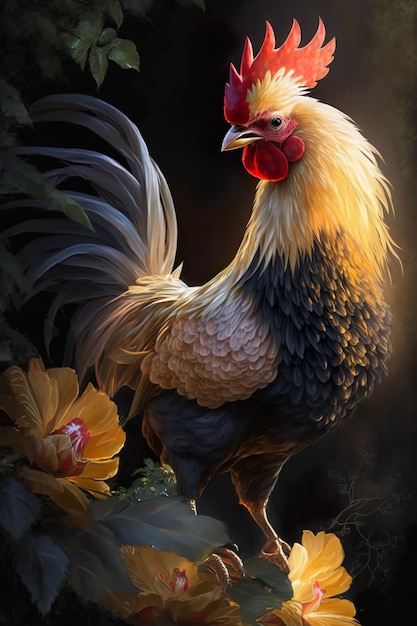 Golden Rooster Flowers luxury style Generative AI