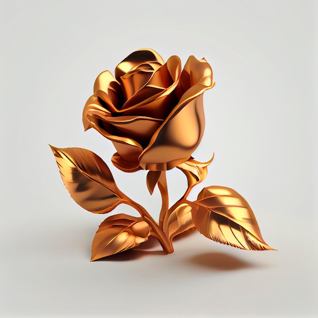 Golden rose in 3d render isolated, white background