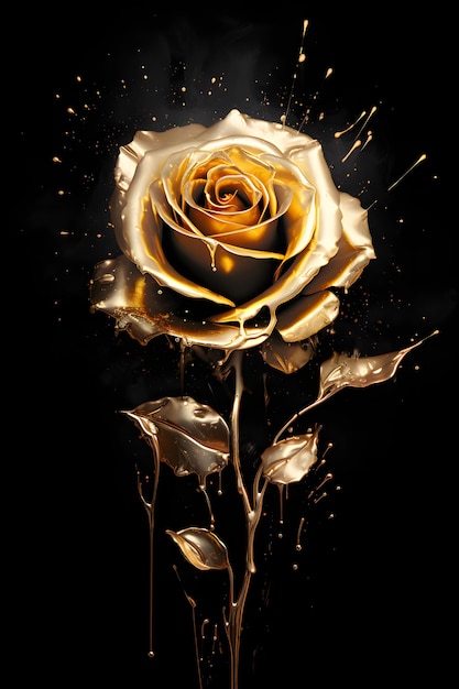 壁フレーム用の黒のゴールド ローズ フラワー アート ペインティングにペイントが飛び散ったゴールデン ローズの花
