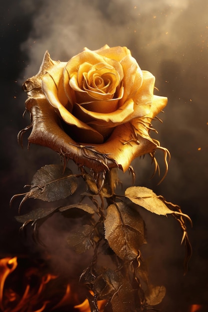 Golden rose with smoke around