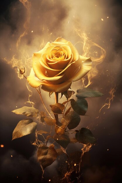 周りに煙が立っている金色のバラ