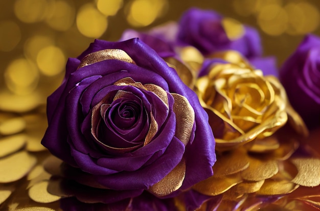 Golden roses mix with violet as a beautiful, lovely\
background