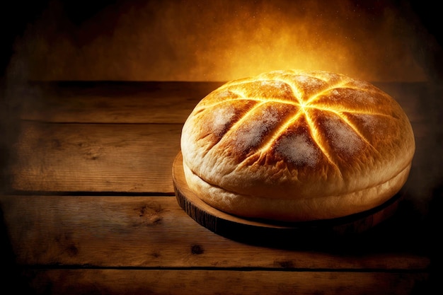 Golden round homemade bread on wooden table