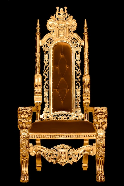 Golden royal chair isolated on black background A place for the king Throne Royal chair