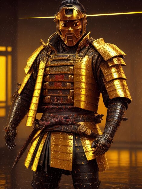 A golden samurai stands in the rain with a golden on his helmet