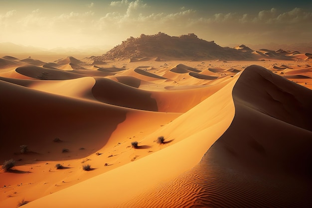 Golden sand dunes under blue sky Beautiful desert landscape