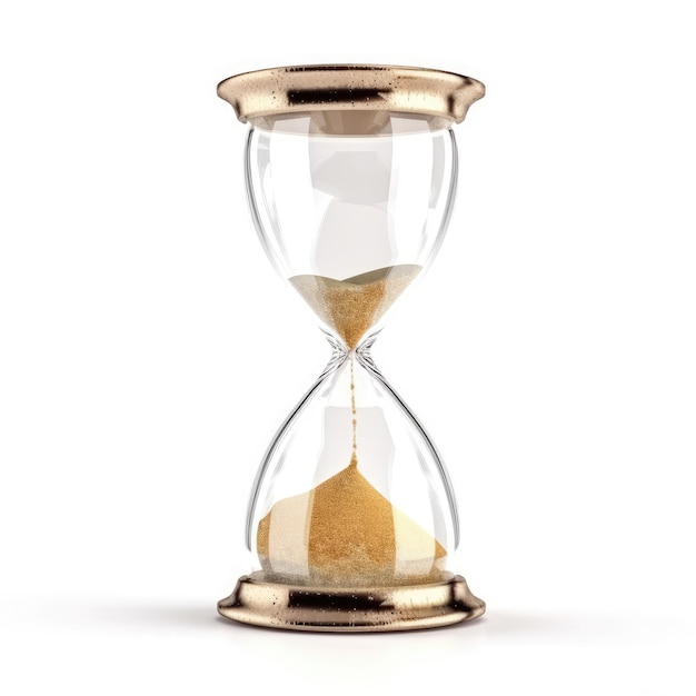 Песочные часы с золотым песком на белом фоне, символ времени, истекающего Обратный отсчет до крайнего срока, управление временем и концепция срочности Генеративный ИИ