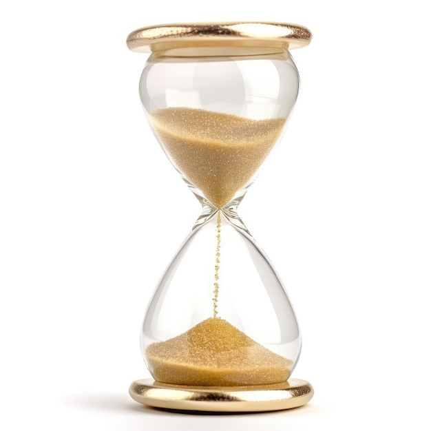 Golden sand hourglass on white background symbol of time running out Countdown to deadline time management and urgency concept Generative AI