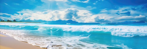 Photo golden sand of tropical beach blue sky and blurred glare of sun on waves of surf