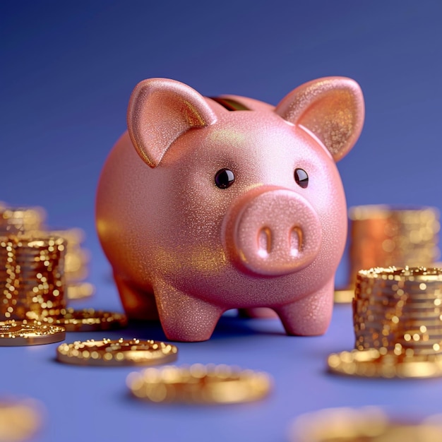 Golden savings coins deposited into a pink piggy bank for social media post size