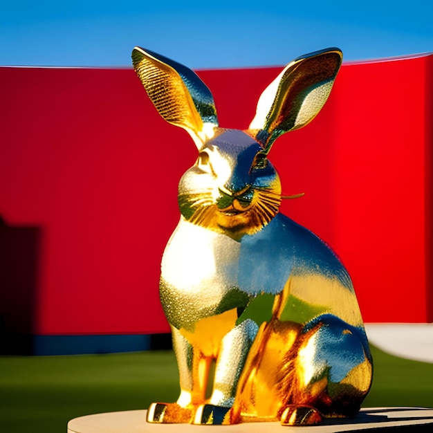 A golden sculpture of a rabbit on red background