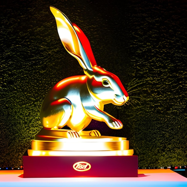 A golden sculpture of a rabbit on red background