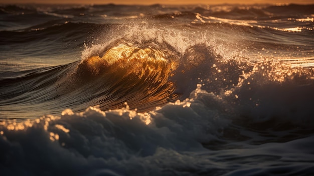 Golden sea wave in the sunset sunlight Generative AI design