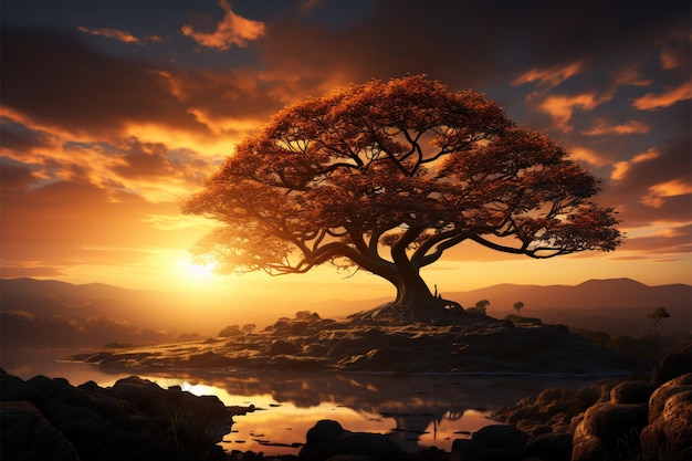 Golden sentinel Sun kissed tree silhouette stands amidst radiant sunbeam backdrop