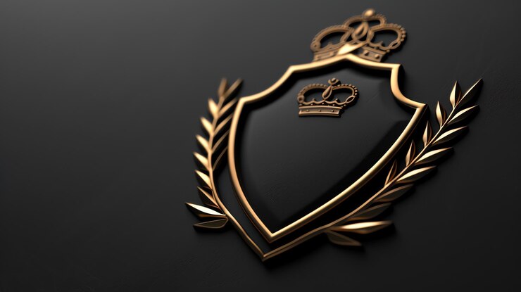 Photo golden shield with crown and laurel wreath on black background