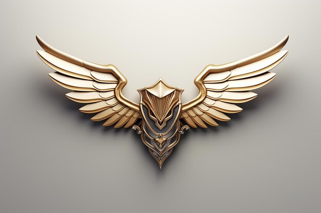 Photo golden shield with wings on a gray background 3d illustration