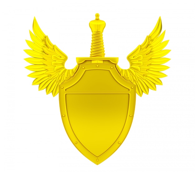 Golden shield with wings and sword, 3D Rendering