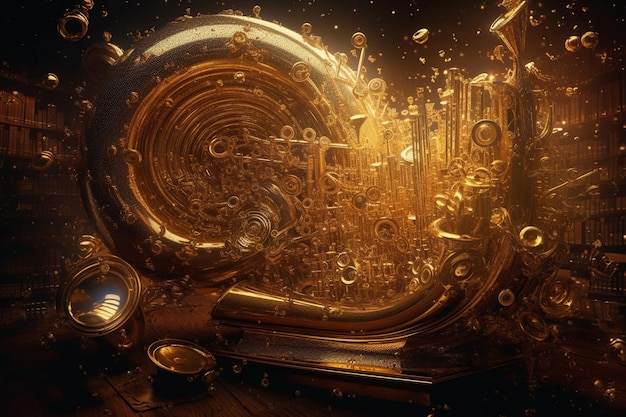 A golden shimmering tornado filled with musical instruments