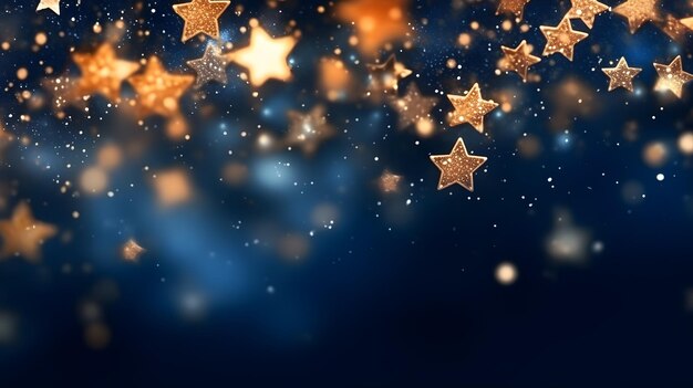 Golden shining star light string with bokeh background and copy space