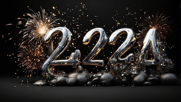 Photo golden and shiny 2024 happy new year lettering red blue background with fireworks aigenerated photo